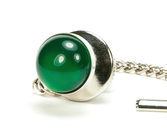 Green Onyx Sterling Silver Tie Tack Lapel Pin, Gift For Him