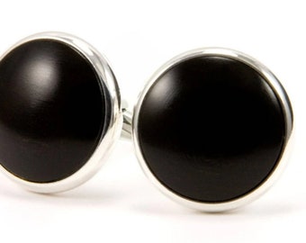 Classic Black Ebony Wooden Cufflinks, Silver Cufflinks 5th Anniversary Gift For Husband / Boyfriend, Christmas Gift Dad