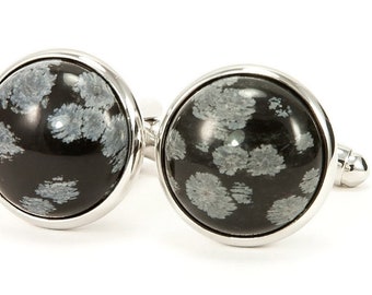 Snowflake Obsidian Silver Cufflinks for Men, Wedding Party Gift for Groom & Groomsmen, Anniversary Gift for Husband, Boyfriend, Dad