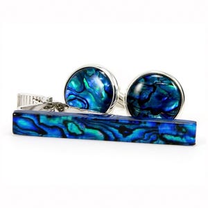 Blue Cufflink Tie Bar Set, Paua Shell Cufflink Tie Clip Set For Beach Wedding, Abalone Jewelry Unique Wedding Gift Best Man / Groomsmen