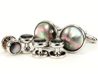 Black Mother of Pearl Cufflinks Tuxedo Shirt Studs, Groom Groomsmen Gift