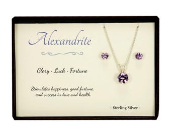 Alexandrite Sterling Silver Stud Earrings Pendant Set, June Birthstone Jewelry Gift