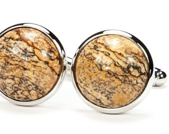 Picture Jasper Silver Cufflinks, Gift for Him