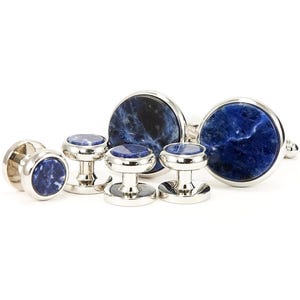 Blue Sodalite Silver Cufflink Stud Set, Groom Wedding Jewelry