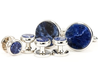 Blue Sodalite Silver Cufflink Stud Set, Groom Wedding Jewelry
