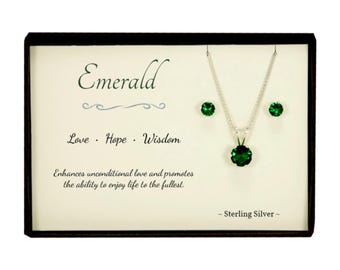 Emerald Sterling Silver Pendant Necklace and Earrings Set, May Birthstone Jewelry