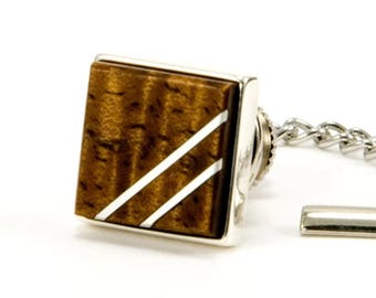 Koa Wood Sterling Silver Inlay Tie Tack Lapel Pin, 5th Anniversary Gift for Him
