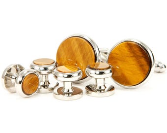 Tiger Eye Silver Cufflink Stud Set, Groom Wedding Jewelry
