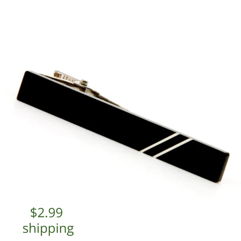Black Wooden Tie Clip With Silver Inlay Mens Gift, Ebony Wood Tie Bar 5th Anniversary Gift For Husband or Boyfriend, Gift For Fathers Day image 1