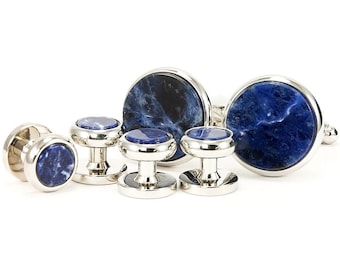 Blue Sodalite Silver Cufflink Tuxedo Stud Set, Wedding Party Gift For Groom or Groomsmen, Father of The Bride or Father of the Groom