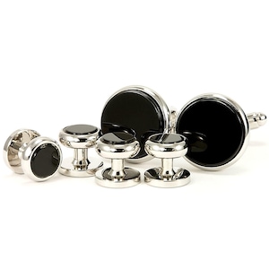 Black Onyx Cufflinks Tuxedo Shirt Studs, Silver Cufflinks Tuxedo Studs Gift for Men, Classic Black Tuxedo Studs and Matching Cufflinks
