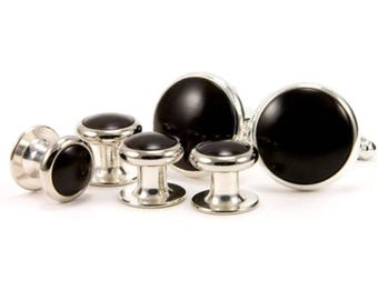 Black Ebony Wood Silver Cufflinks and Tuxedo Studs | Classic Wooden Gift for Men