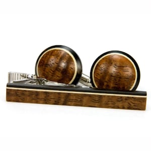 Hawaiian Koa Wood Cufflink Tie Clip Set, Ebony Holly Inlay, 5th Anniversary Gift