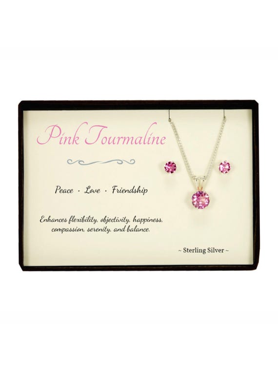 Pink Tourmaline Pendant Necklace with Matching Earrings, October Birthstone Necklace, Sterling Silver Birthday Gift, Dainty Necklace