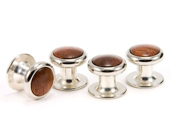 Bubinga Wood Silver Tuxedo Shirt Studs, 5th Anniversary Gift