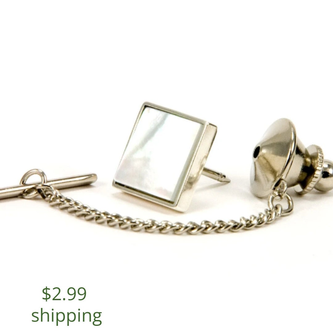 White Mother of Pearl Tie Tack / Lapel Pin, 925 Sterling Silver Mens