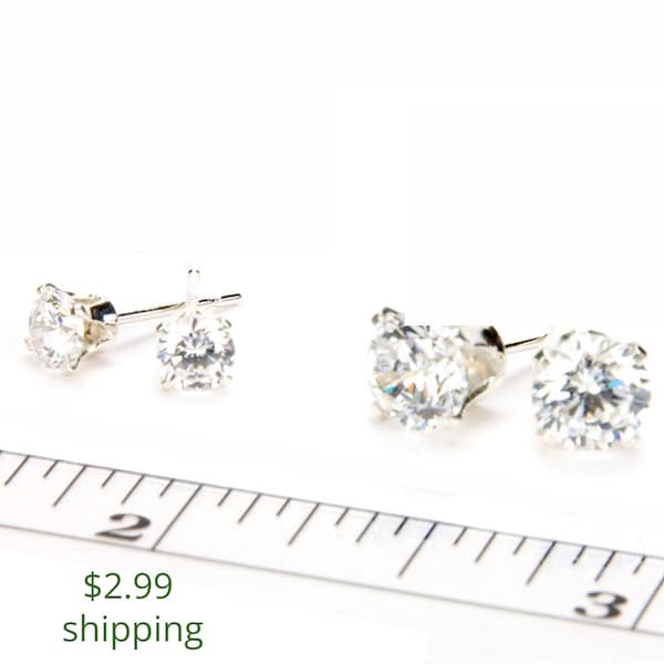 White Sapphire Sterling Silver Stud Earrings, Sterling Post Earrings April Birthday Gift, Wedding Jewelry Gift for Bridesmaids 4mm/6mm