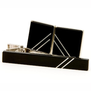 Sterling Cufflinks Tie Bar Set, Ebony Wood Silver Inlay Cufflink Tie Clip Set, Wedding Party Gift For Groom & Groomsmen, Christmas Gift Dad