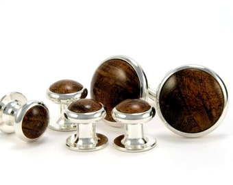 Mesquite Burl Wooden Cufflinks Tuxedo Shirt Studs Gift For Him, Silver Cufflinks Tuxedo Stud Set Gift For Groom, Gift For Dad Fathers Day