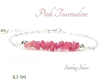 Pink Tourmaline Bracelet Jewelry Gift for Women, Sterling Silver Tourmaline Chip Bracelet October Birthstone, Gemstone Jewelry Gift for Her