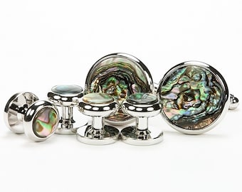 Abalone Shell Silver Cufflink Tuxedo Stud Set, Iridescent Colors, One-of-a-Kind Gift