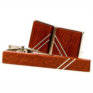 Sterling Silver Cufflink Tie Bar Set, Bloodwood Silver Inlay Cufflink Tie Clip Set Gift for Men, 5th Anniversary Gift, Christmas Gift Dad