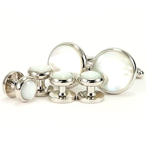 Mother of Pearl Silver Cufflinks and Tuxedo Studs, Wedding Groom Groomsmen Set