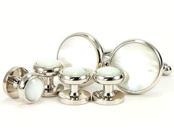 Mother of Pearl Silver Cufflinks and Tuxedo Studs, Wedding Groom Groomsmen Set