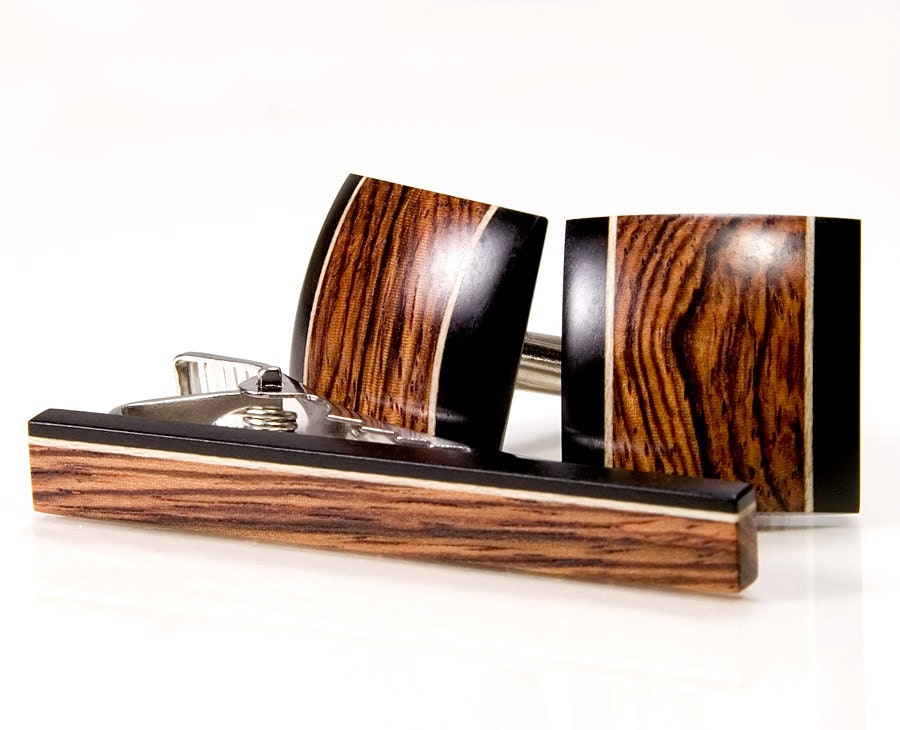 wooden tie clip and cufflinks