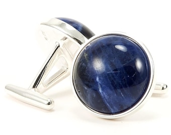 Sterling Silver Sodalite Cufflinks, Royal Blue Stone, One-of-a-Kind Gift for Him