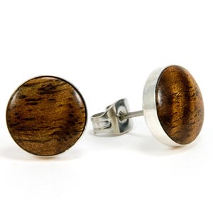 Wooden Post Earrings, Wood Stud Earrings Gift for Women, Figured Hawaiian Koa Silver Earrings, Hawaiian Jewelry Mens Gift 10 mm, 8 mm, 6 mm,