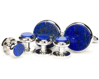 Lapis Lazuli Silver Cufflink Tuxedo Stud Set, Groom Groomsmen Gift