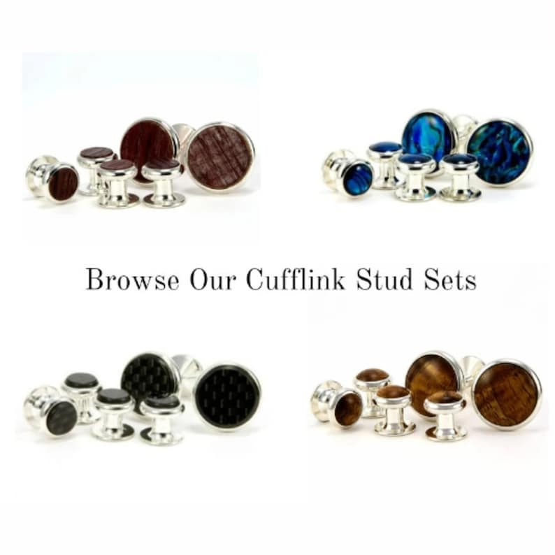 May include: Set of four cufflinks and four shirt studs in various materials, including wood, carbon fiber, and abalone shell. Browse Our Cufflink Stud Sets.