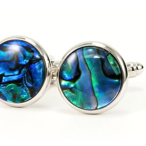 Blue Paua Shell Silver Cufflinks, Iridescent Abalone Wedding Jewelry