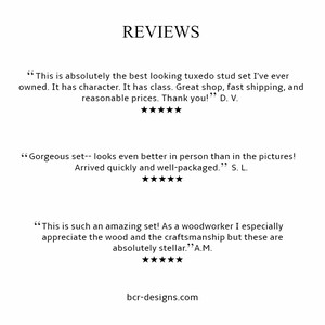 May include: Reviews of a tuxedo stud set. The customer reviews are positive and highlight the quality, craftsmanship, and fast shipping. The reviews include five-star ratings.