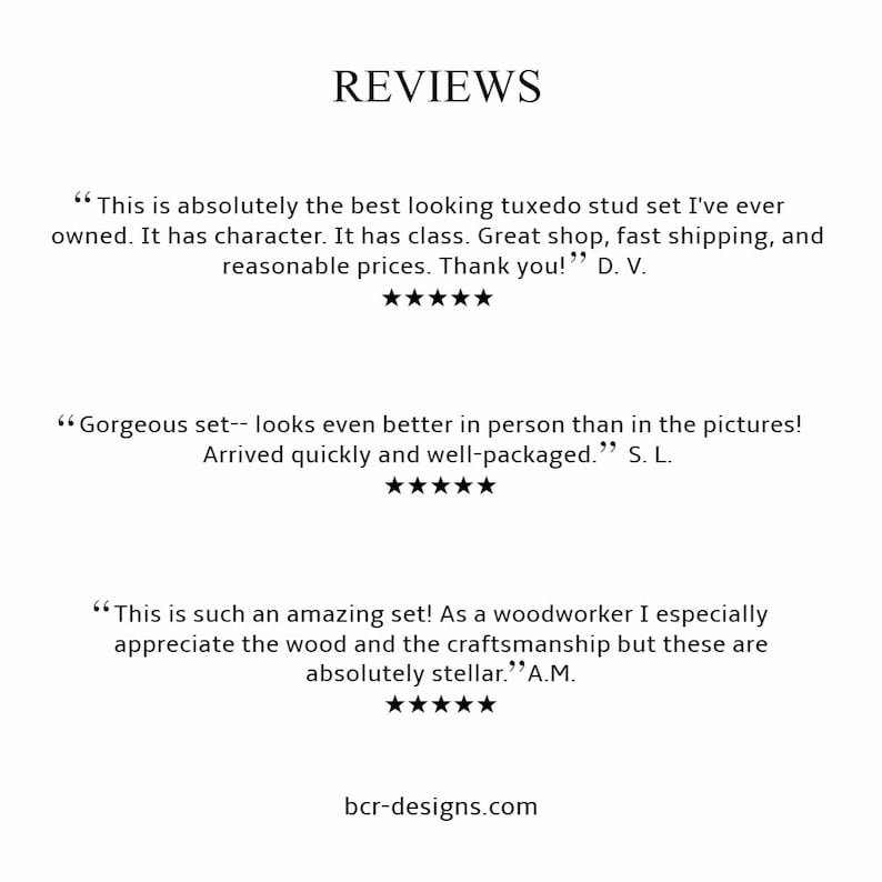 May include: Reviews of a tuxedo stud set. The customer reviews are positive and highlight the quality, craftsmanship, and fast shipping. The reviews include five-star ratings.