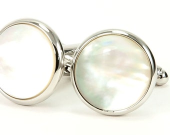 White Mother Of Pearl Silver Cufflinks Gift For Men, Beach Wedding Cufflinks Gift For Groom & Groomsmen, Abalone Jewelry Gift For Him