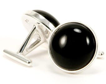 Black Onyx Sterling Silver Cufflinks, Classic Black Formal Mens Jewelry