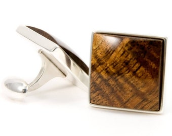 Wooden Cufflinks, Hawaiian Koa Wood Cufflinks Gift For Dad, One Of A Kind 925 Sterling Silver Cufflinks, Hawaii Jewelry Gift For Husband