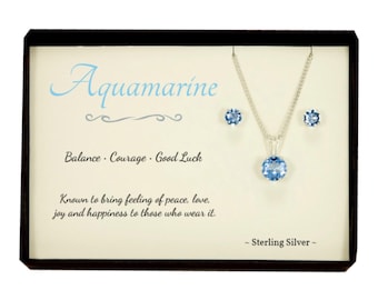 Aquamarine Sterling Silver Necklace and Stud Earrings Set, March Birthstone Gift