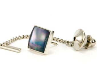 Black Mother of Pearl Sterling Silver Tie Tack Lapel Pin, Gift Box Included