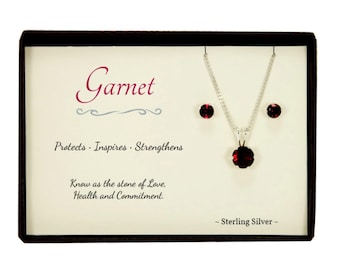 Garnet Sterling Silver Necklace and Stud Earrings Set, January Birthstone Jewelry