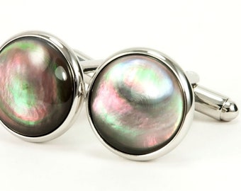 Black Mother of Pearl Cufflinks For Men, Wedding Party Gift For Groom & Groomsmen, Anniversary Gift, Tahitian Pearl Cufflinks