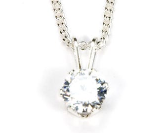 White Sapphire Sterling Silver Pendant Necklace,  6mm April Birthstone