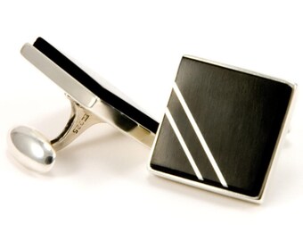 Ebony Wood Sterling Silver Inlay Cufflinks, 5th Anniversary Gift for Him