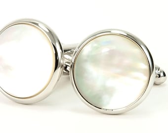 Mother of Pearl Silver Cufflinks, Elegant Groom Wedding Jewelry