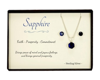 Blue Sapphire Sterling Silver Pendant Necklace and Earrings, September Birthstone Set