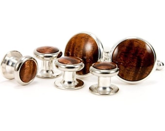Hawaiian Koa Wood Silver Cufflinks Tuxedo Stud Set | Wedding Party Gift for Groom & Groomsmen