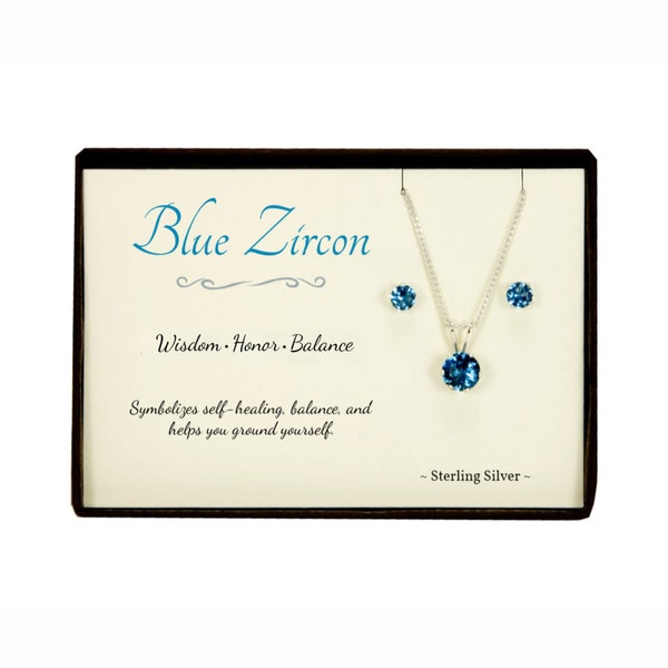 925 Sterling Silver Blue Zircon Birthstone Pendant Necklace with Matching Post Earrings, December Birthday Gift For Women, Mothers Day Gift