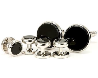 Black Onyx Silver Cufflinks and Tuxedo Studs Set, Classic Black Accessories